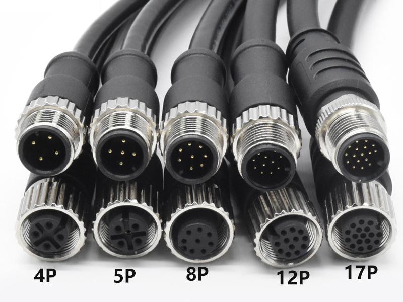 M12圓形連接器線束4芯5P8孔12針17P防水航空插頭連接線公母接插件